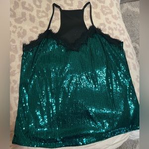 Green Sequin Lace Trim Tank